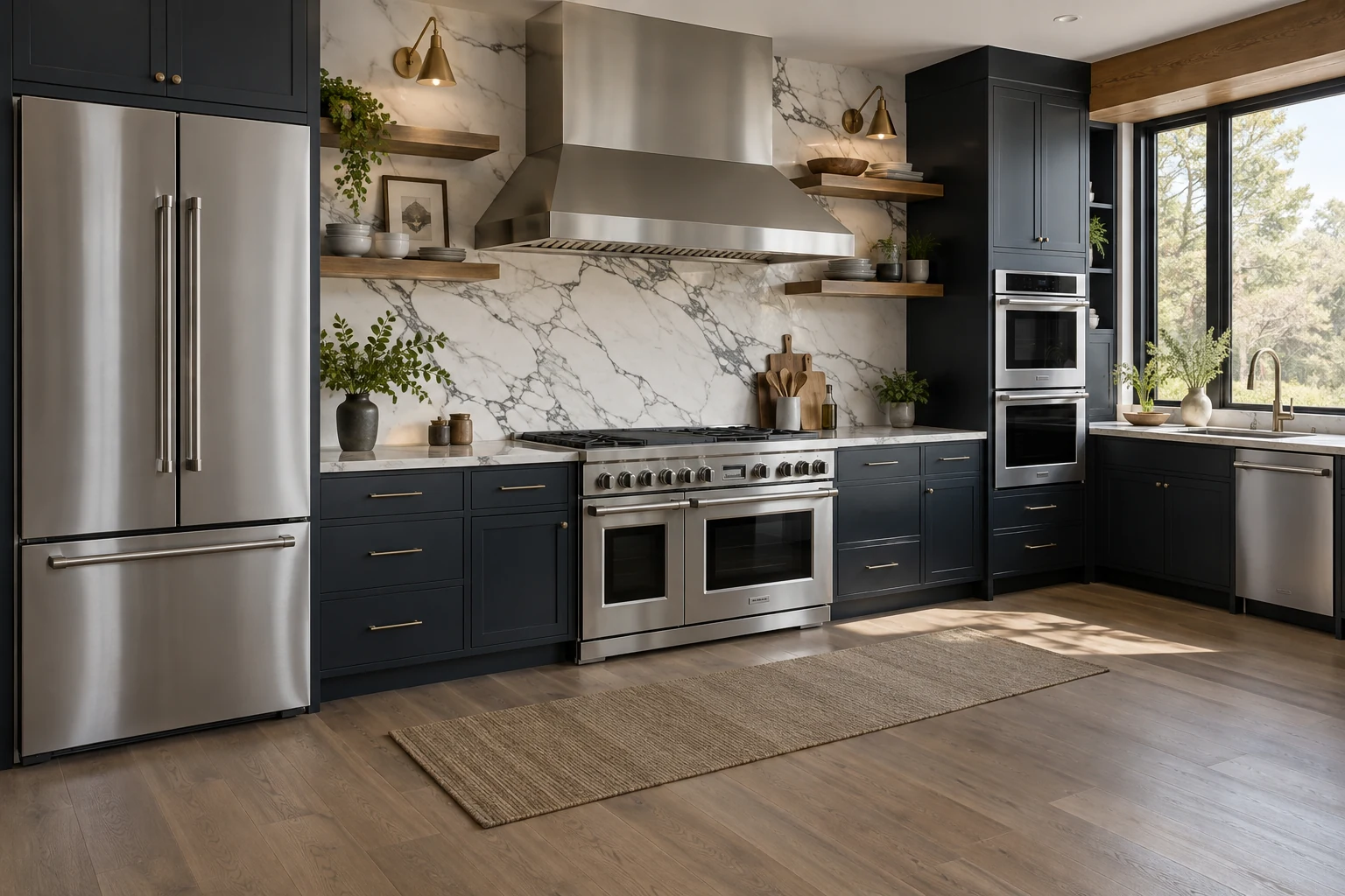 High-end slate kitchen with a stainless refrigerator, professional range, wall ovens and dishwasher